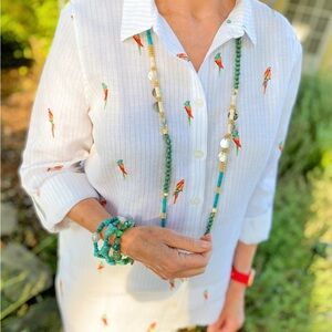 Chico's No Iron Linen Parrot Roll-Tab Button-Up Shirt Women’s Sz 16/18 Resort